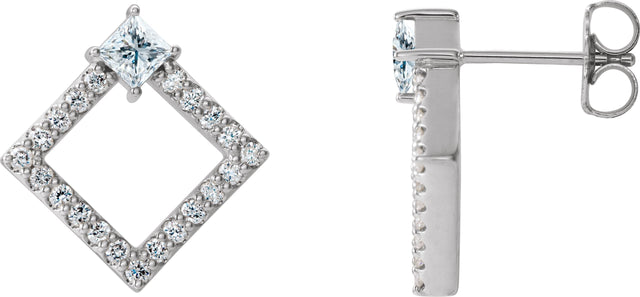 14K Gold Square Natural White Sapphire Accented Geometric Earrings - White Gold