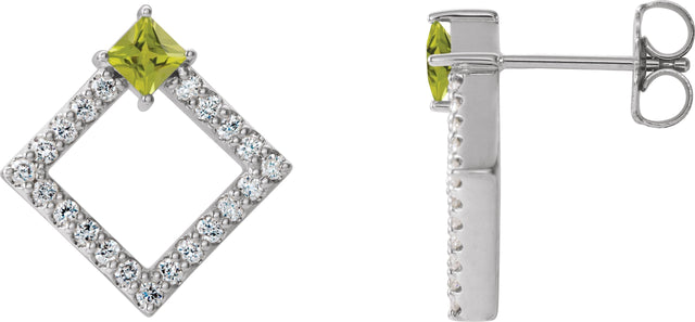 14K Gold Square Natural Peridot Accented Geometric Earrings - White Gold