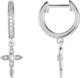 14K Gold Round Natural Diamond Accented Cross Hoop Earrings – 1.5mm Stones - White Gold