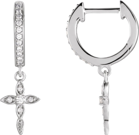 14K Gold Round Natural Diamond Accented Cross Hoop Earrings – 1.5mm Stones - White Gold