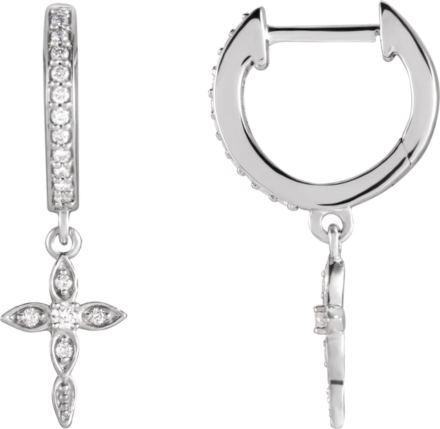 14K Gold Round Natural Diamond Accented Cross Hoop Earrings – 1.5mm Stones - White Gold