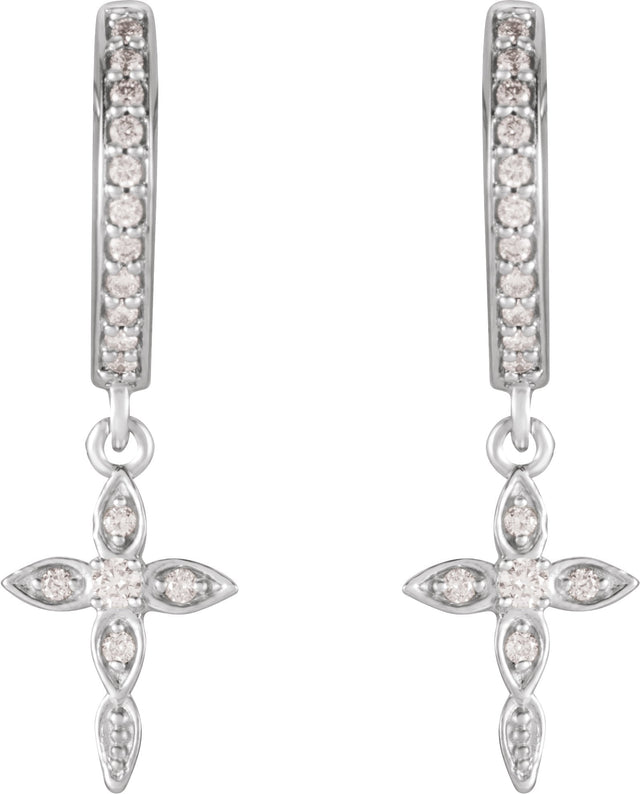 14K Gold Round Natural Diamond Accented Cross Hoop Earrings – 1.5mm Stones - White Gold - view 2