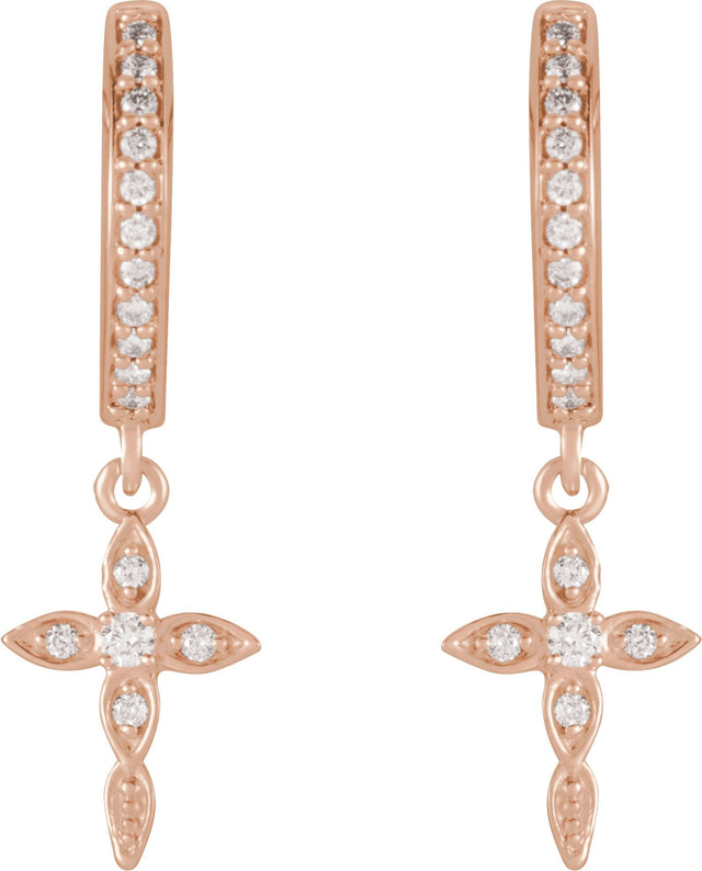 14K Gold Round Natural Diamond Accented Cross Hoop Earrings – 1.5mm Stones - Rose Gold - view 2