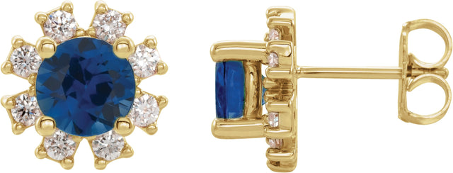 14K Gold Natural Blue Sapphire Round 4-Prong Halo-Style Earrings - Yellow Gold