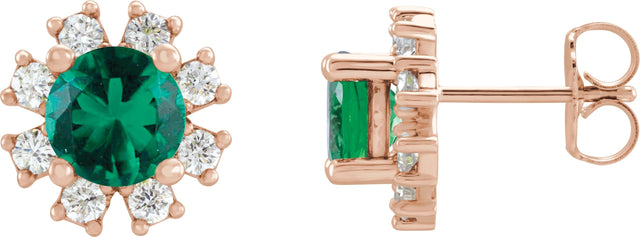 14K Gold Natural Emerald Round 4-Prong Halo-Style Earrings - Rose Gold