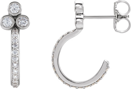 14K Gold Round Natural Diamond Accented Bezel-Set J-Hoop Earrings - White Gold