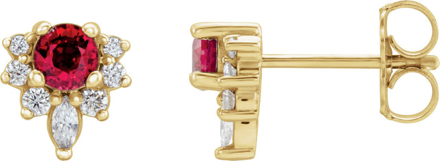 14K Gold Round Lab-Grown Ruby Accented Earrings - Yellow Gold