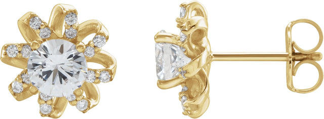 14K Gold Natural White Sapphire Round 4-Prong Halo-Style Twist Earrings - Yellow Gold
