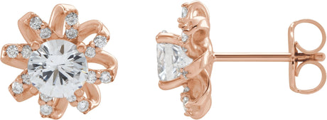 14K Gold Natural White Sapphire Round 4-Prong Halo-Style Twist Earrings - Rose Gold