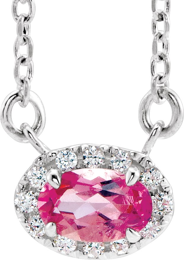 14K Gold Oval Natural Pink Tourmaline French-Set Halo-Style Necklace - White Gold