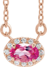 14K Gold Oval Natural Pink Tourmaline French-Set Halo-Style Necklace - Rose Gold