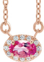 14K Gold Oval Natural Pink Tourmaline French-Set Halo-Style Necklace - Rose Gold