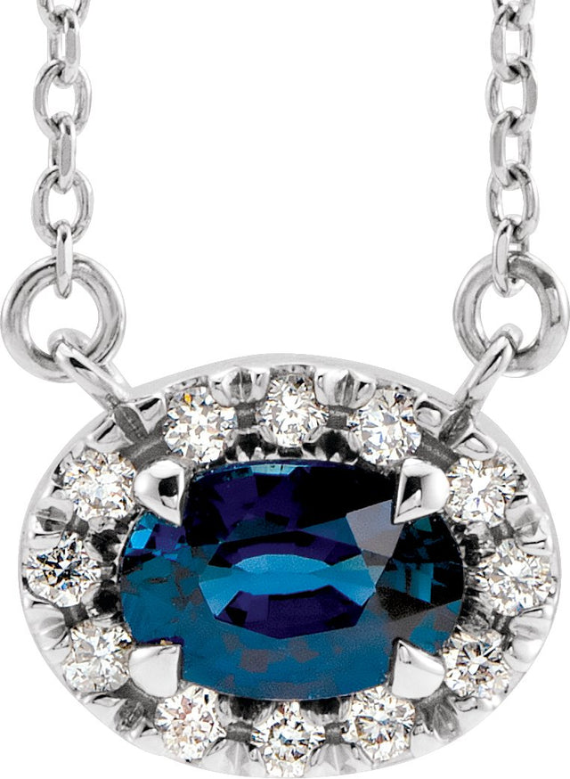 14K Gold Oval Lab-Grown Blue Sapphire French-Set Halo-Style Necklace - White Gold