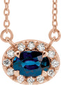 14K Gold Oval Lab-Grown Blue Sapphire French-Set Halo-Style Necklace - Rose Gold