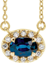 14K Gold Oval Natural Blue Sapphire French-Set Halo-Style Necklace - Yellow Gold