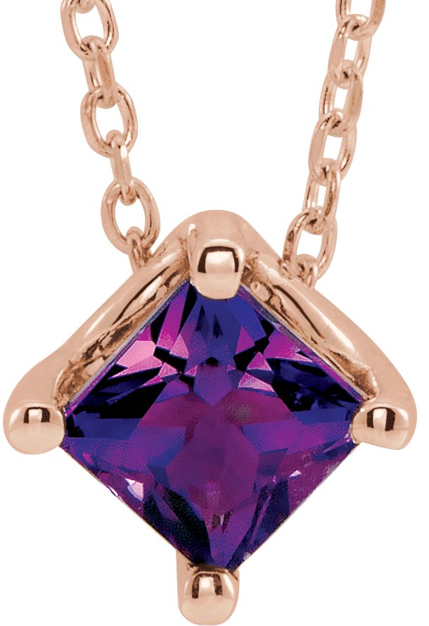 14K Gold Square Natural Amethyst Solitaire Necklace or Slide Pendant - Rose Gold