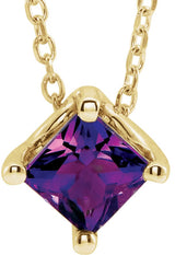 14K Gold Square Natural Amethyst Solitaire Necklace or Slide Pendant - Yellow Gold