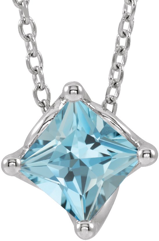 14K Gold Square Natural Aquamarine Solitaire Necklace or Slide Pendant - White Gold
