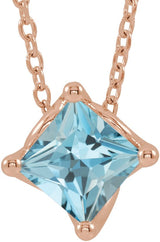14K Gold Square Natural Aquamarine Solitaire Necklace or Slide Pendant - Rose Gold