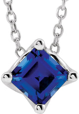14K Gold Square Lab-Grown Blue Sapphire Solitaire Necklace or Slide Pendant - White Gold
