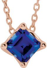14K Gold Square Lab-Grown Blue Sapphire Solitaire Necklace or Slide Pendant - Rose Gold