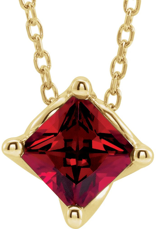14K Gold Square Lab-Grown Ruby Solitaire Necklace or Slide Pendant - Yellow Gold