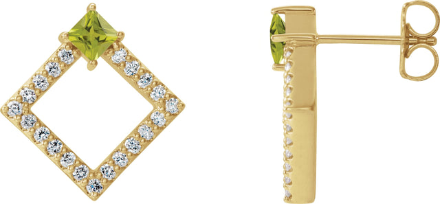 14K Gold Square Natural Peridot Accented Geometric Earrings - Yellow Gold