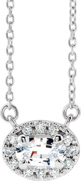 Platinum Oval Natural White Sapphire French-Set Halo-Style Necklace