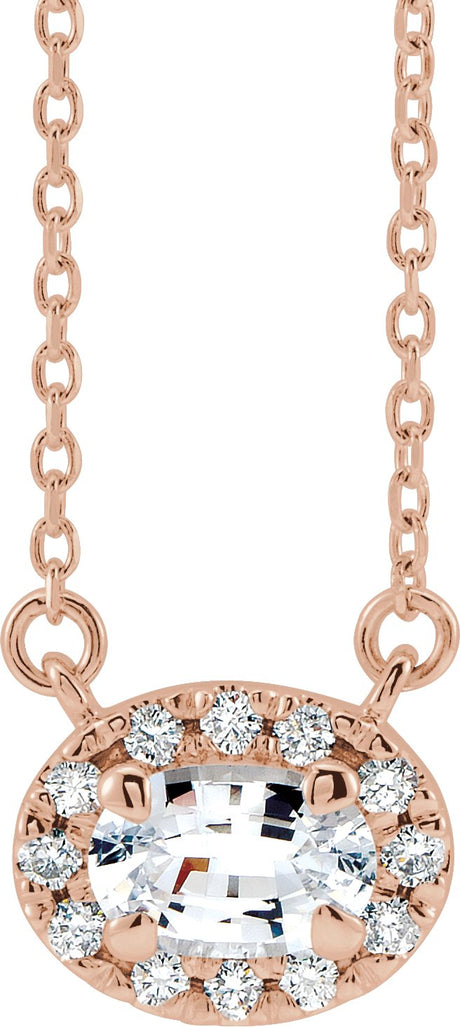 14K Gold Oval Natural White Sapphire French-Set Halo-Style Necklace - Rose Gold