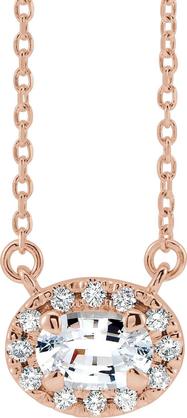 14K Gold Oval Natural White Sapphire French-Set Halo-Style Necklace - Rose Gold