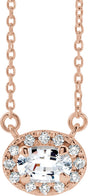 14K Gold Oval Natural White Sapphire French-Set Halo-Style Necklace - Rose Gold