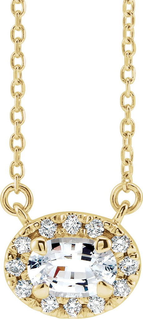 14K Gold Oval Natural White Sapphire French-Set Halo-Style Necklace - Yellow Gold