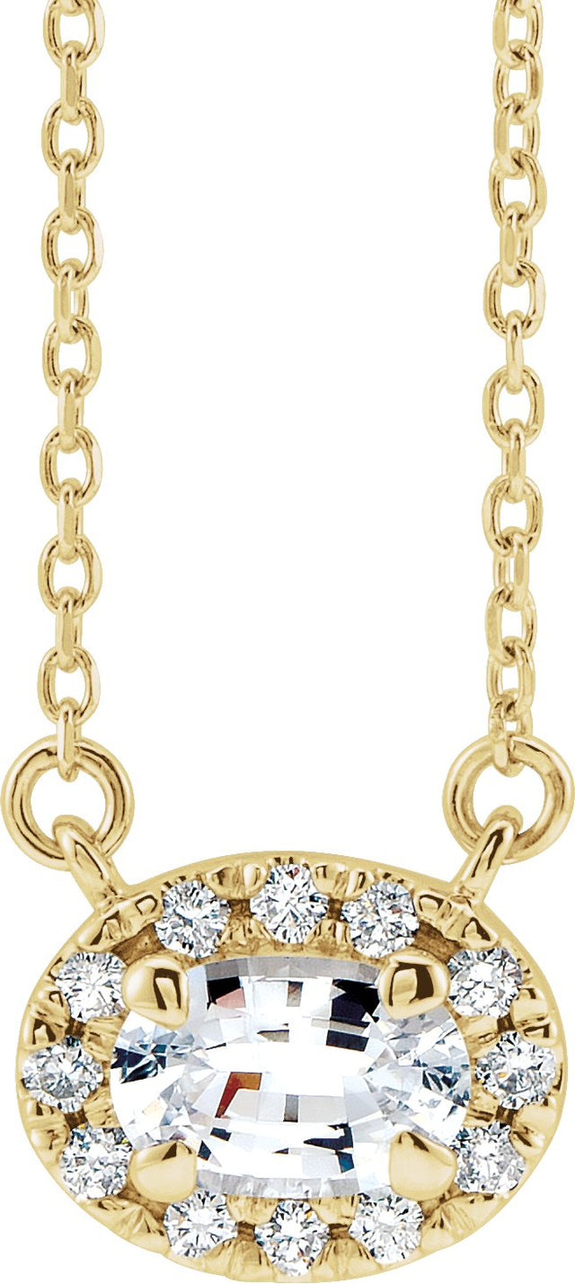 14K Gold Oval Natural White Sapphire French-Set Halo-Style Necklace - Yellow Gold