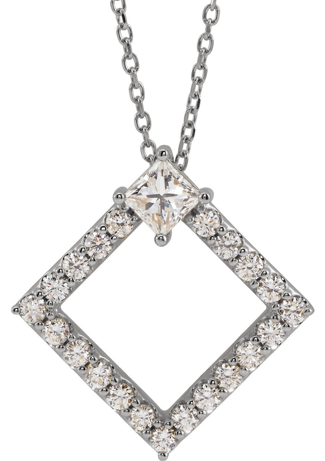 Platinum Square Natural Diamond Accented Geometric Necklace or Pendant