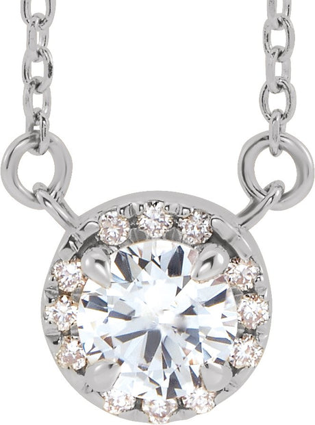 14K Gold Round Natural White Sapphire French-Set Halo-Style Necklace - White Gold