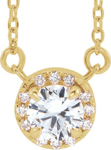 14K Gold Round Natural White Sapphire French-Set Halo-Style Necklace - Yellow Gold