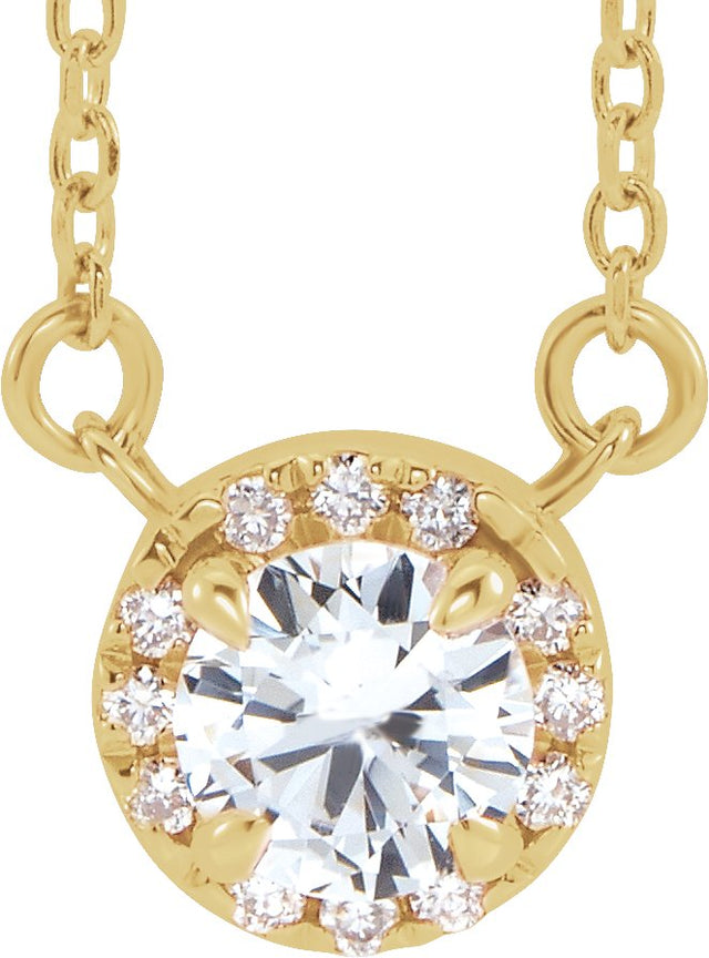 14K Gold Round Natural White Sapphire French-Set Halo-Style Necklace - Yellow Gold