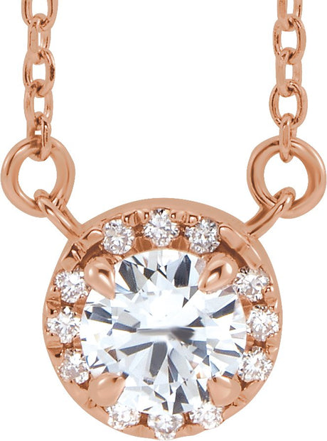 14K Gold Round Natural White Sapphire French-Set Halo-Style Necklace - Rose Gold