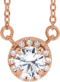14K Gold Round Natural White Sapphire French-Set Halo-Style Necklace - Rose Gold
