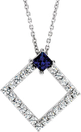 14K Gold Square Natural Blue Sapphire Accented Geometric Necklace or Pendant - White Gold