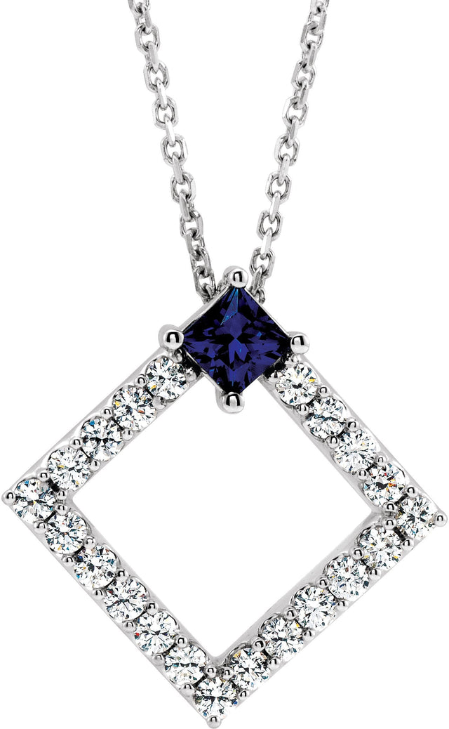 14K Gold Square Natural Blue Sapphire Accented Geometric Necklace or Pendant - White Gold