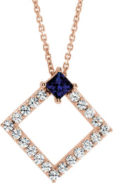 14K Gold Square Natural Blue Sapphire Accented Geometric Necklace or Pendant - Rose Gold