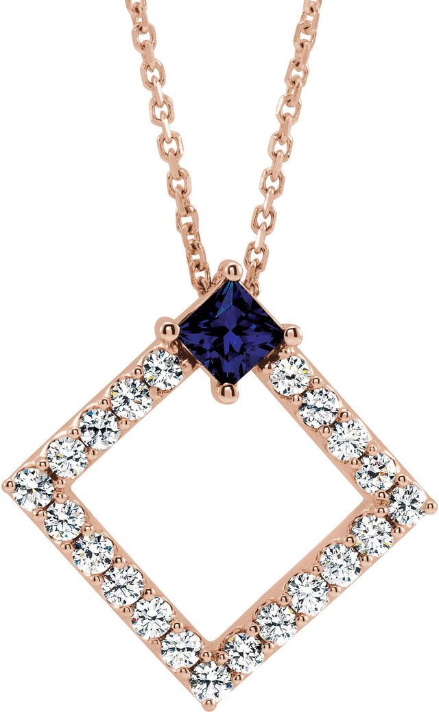 14K Gold Square Natural Blue Sapphire Accented Geometric Necklace or Pendant - Rose Gold
