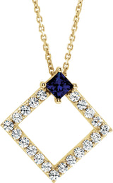 14K Gold Square Natural Blue Sapphire Accented Geometric Necklace or Pendant - Yellow Gold