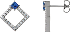Platinum Square Natural Blue Sapphire Accented Geometric Earrings