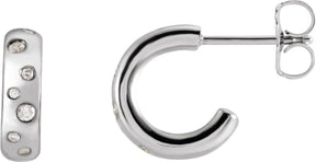 14K Gold Round Natural Diamond Accented Hoop Earrings VII - White Gold