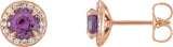 14K Gold Natural Amethyst Round 4-Prong Halo-Style Earrings – 3.5-5mm Stones - Rose Gold