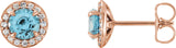 14K Gold Natural Aquamarine Round 4-Prong Halo-Style Earrings – 3.5-5mm Stones - Rose Gold