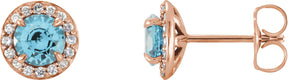 14K Gold Natural Aquamarine Round 4-Prong Halo-Style Earrings – 3.5-5mm Stones - Rose Gold