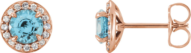 14K Gold Natural Aquamarine Round 4-Prong Halo-Style Earrings – 3.5-5mm Stones - Rose Gold